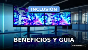 Estrategias de inclusión laboral en una oficina moderna con gráficos abstractos de colores en pantallas
