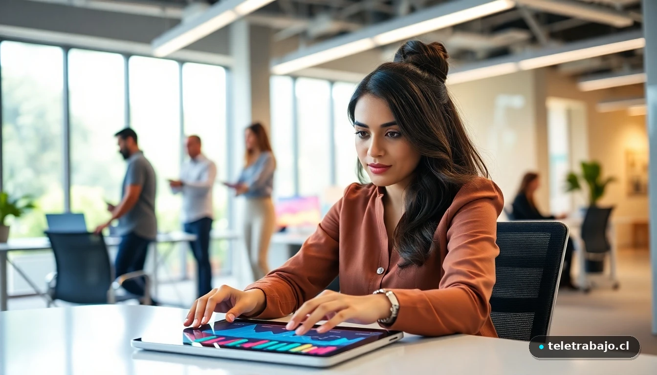 Oficina inclusiva moderna en 2026 con equipo diverso colaborando y analizando datos en pantallas