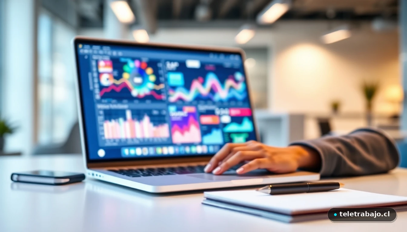 Escritorio moderno con laptop mostrando gráficos de datos abstractos, representando la planificación de una estrategia de marca personal.