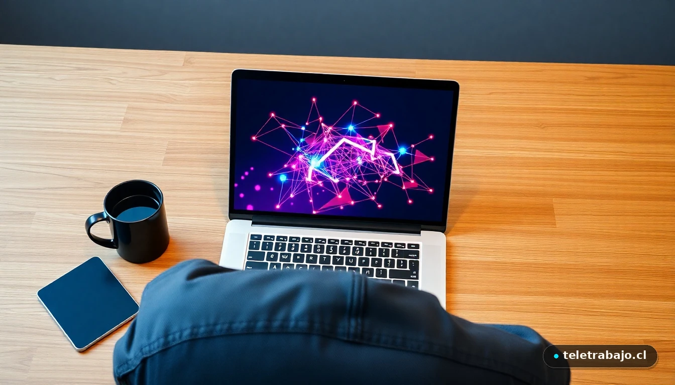 Concepto visual de networking profesional mostrado en una pantalla de portátil con gráficos de conexiones abstractas y coloridas.