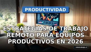 Estrategias de trabajo remoto para equipos productivos en 2026, oficina en casa moderna y acogedora sin personas, con tecnología y elementos naturales.