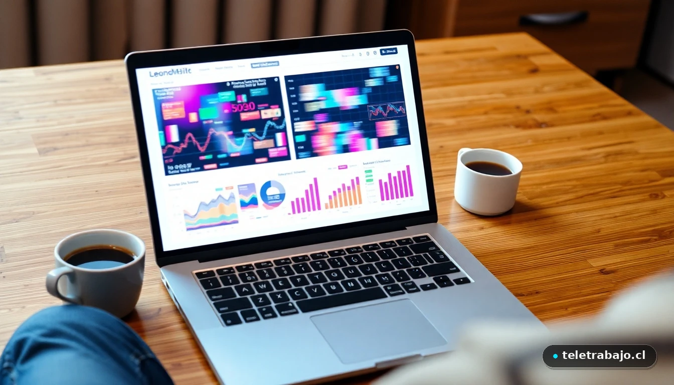 Análisis de datos de ventas en pantalla con gráficos de colores abstractos en un entorno de trabajo moderno.