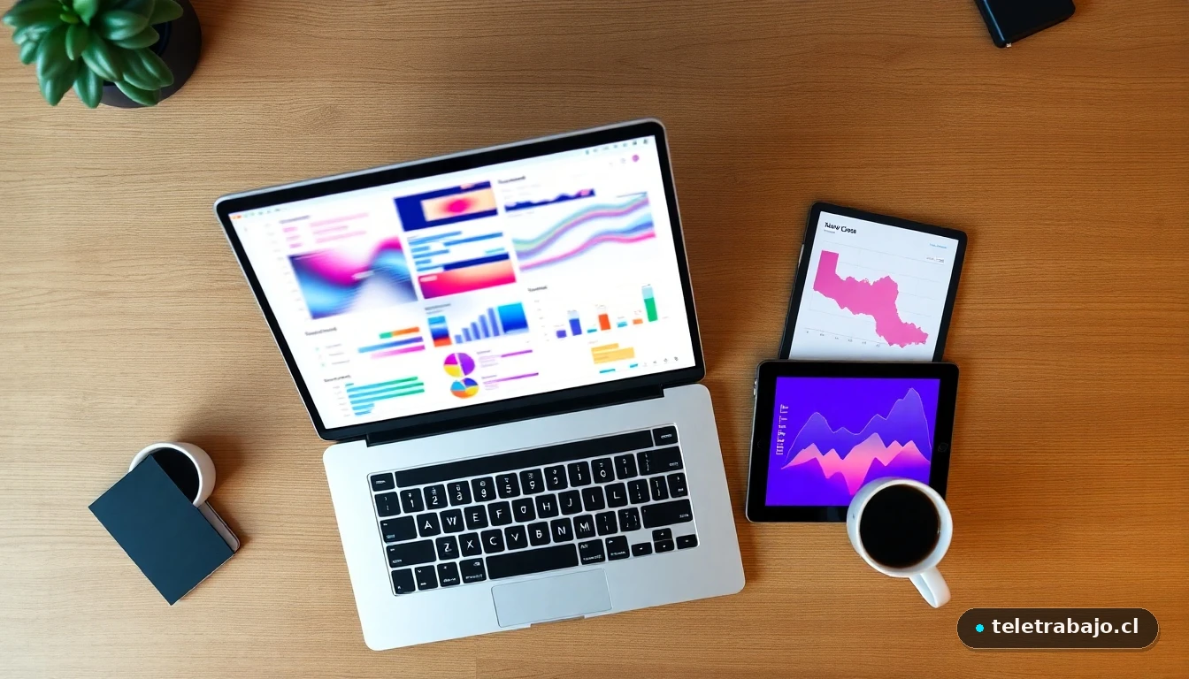 Vista aérea de un escritorio moderno para autónomos con herramientas digitales mostrando gráficos abstractos y un dashboard de gestión.