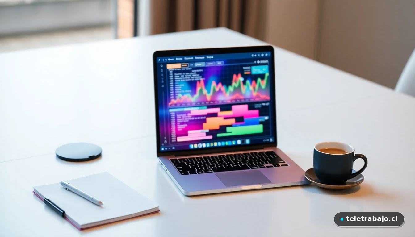 Escritorio moderno con laptop mostrando gráficos abstractos, representando el análisis y la estrategia en la búsqueda de empleo.