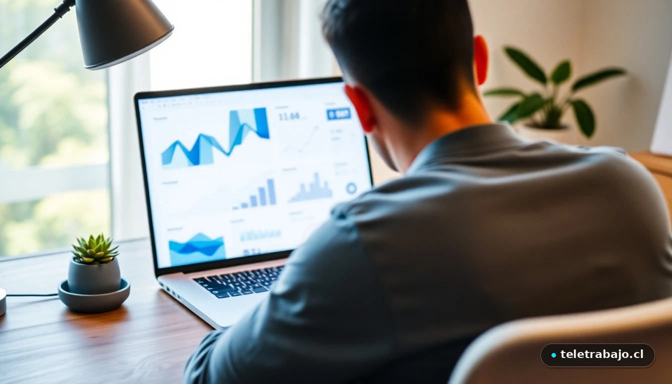 Escritorio moderno con laptop mostrando gráficos de bienestar laboral para reducir el estrés, en un ambiente de teletrabajo ordenado.