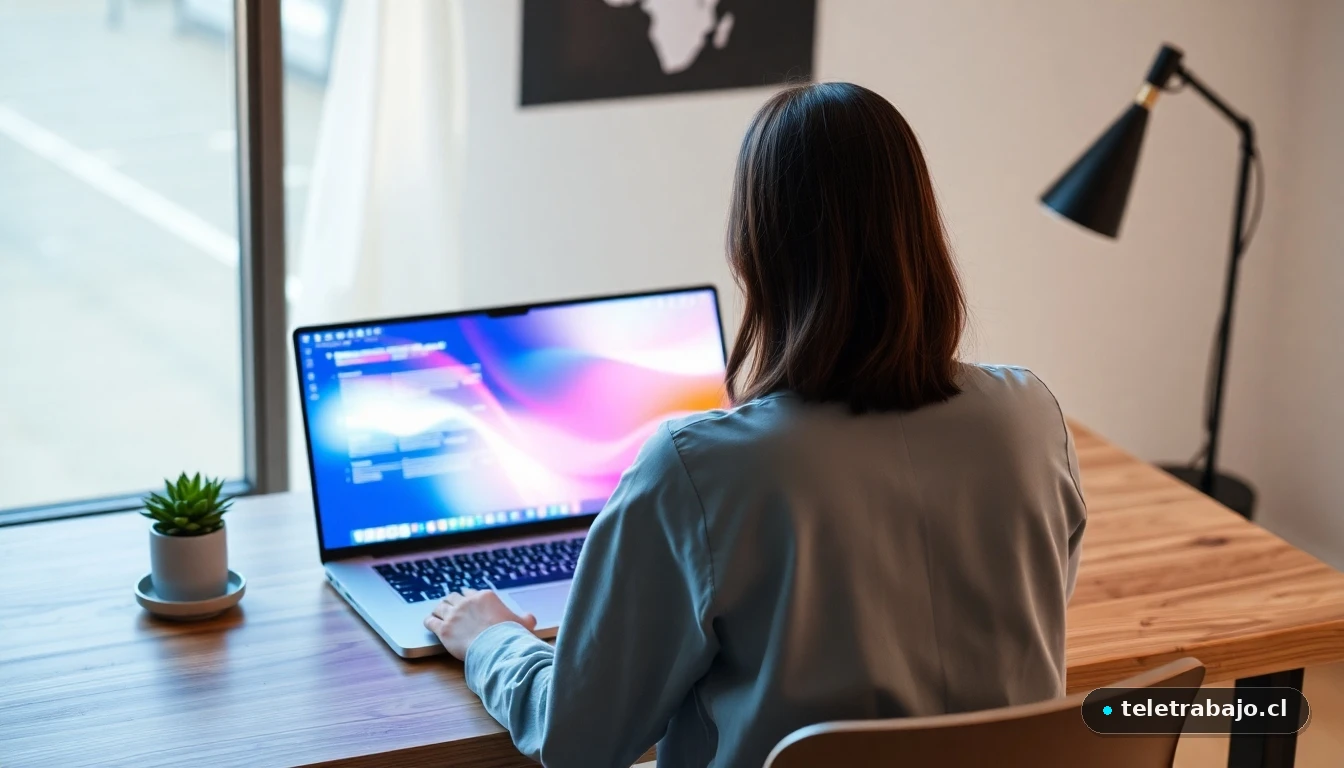 Mujer hispana trabajando en un espacio moderno en 2026, con gráficos abstractos de colores en la pantalla de su portátil.