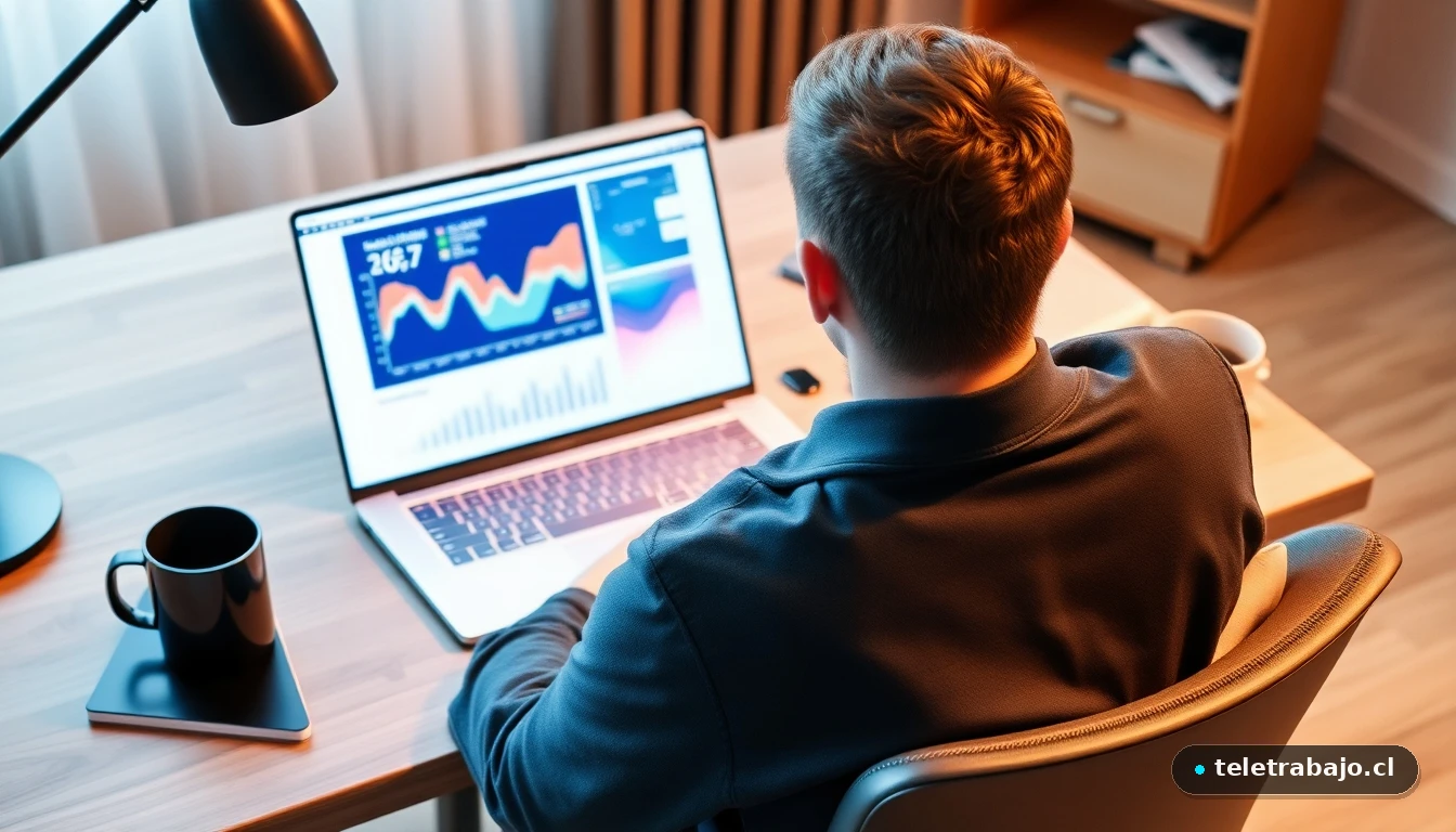 Joven profesional en un escritorio moderno de 2026 analizando datos en portátil, con gráficos abstractos de colores en pantalla.