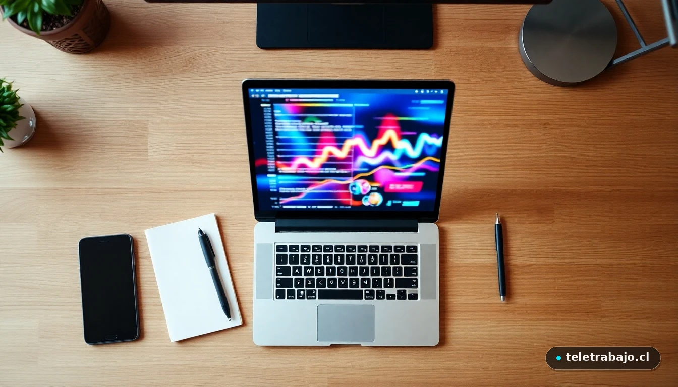 Vista aérea de un escritorio moderno para teletrabajo con gráficos de datos abstractos en la pantalla del portátil.