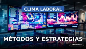 Evaluación del clima laboral en una oficina corporativa moderna con gráficos abstractos en pantallas