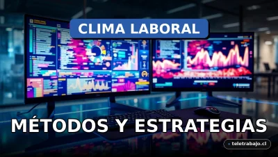 Evaluación del clima laboral en una oficina corporativa moderna con gráficos abstractos en pantallas