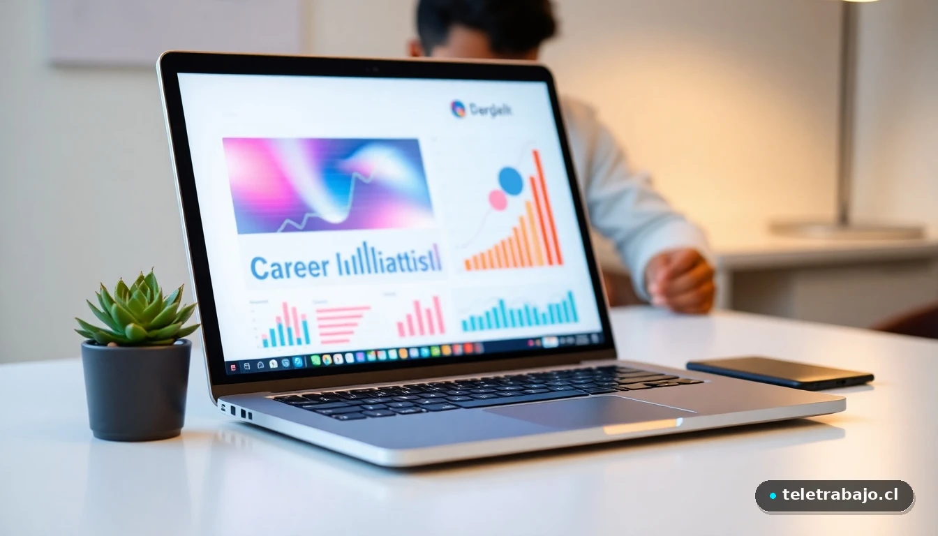 Joven profesional analizando datos de crecimiento de carrera en una laptop sobre un escritorio moderno.