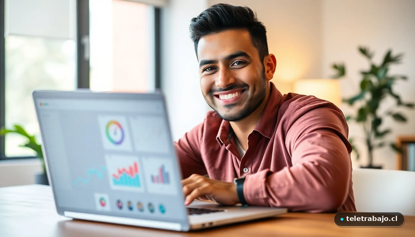 Hombre profesional preparándose para una feria de empleo, revisando datos de mercado laboral en su portátil en una oficina moderna.