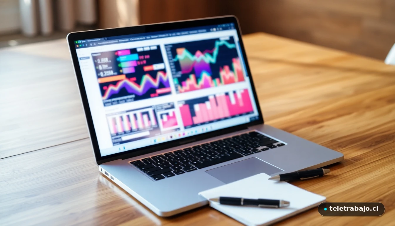 Portátil moderno mostrando gráficos de datos abstractos y coloridos en un escritorio, representando el aprendizaje de nuevas habilidades digitales.