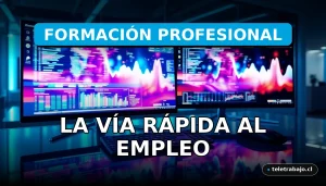 Un moderno y tecnológico espacio de trabajo de Formación Profesional con monitores mostrando gráficos de datos abstractos.