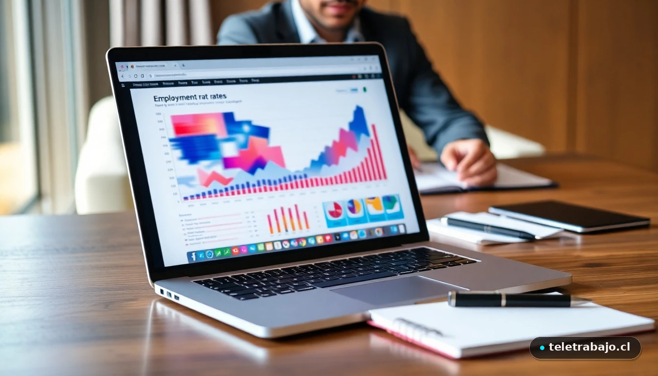 Profesional hispano analizando datos de empleabilidad en portátil, gráficos abstractos de crecimiento en pantalla.