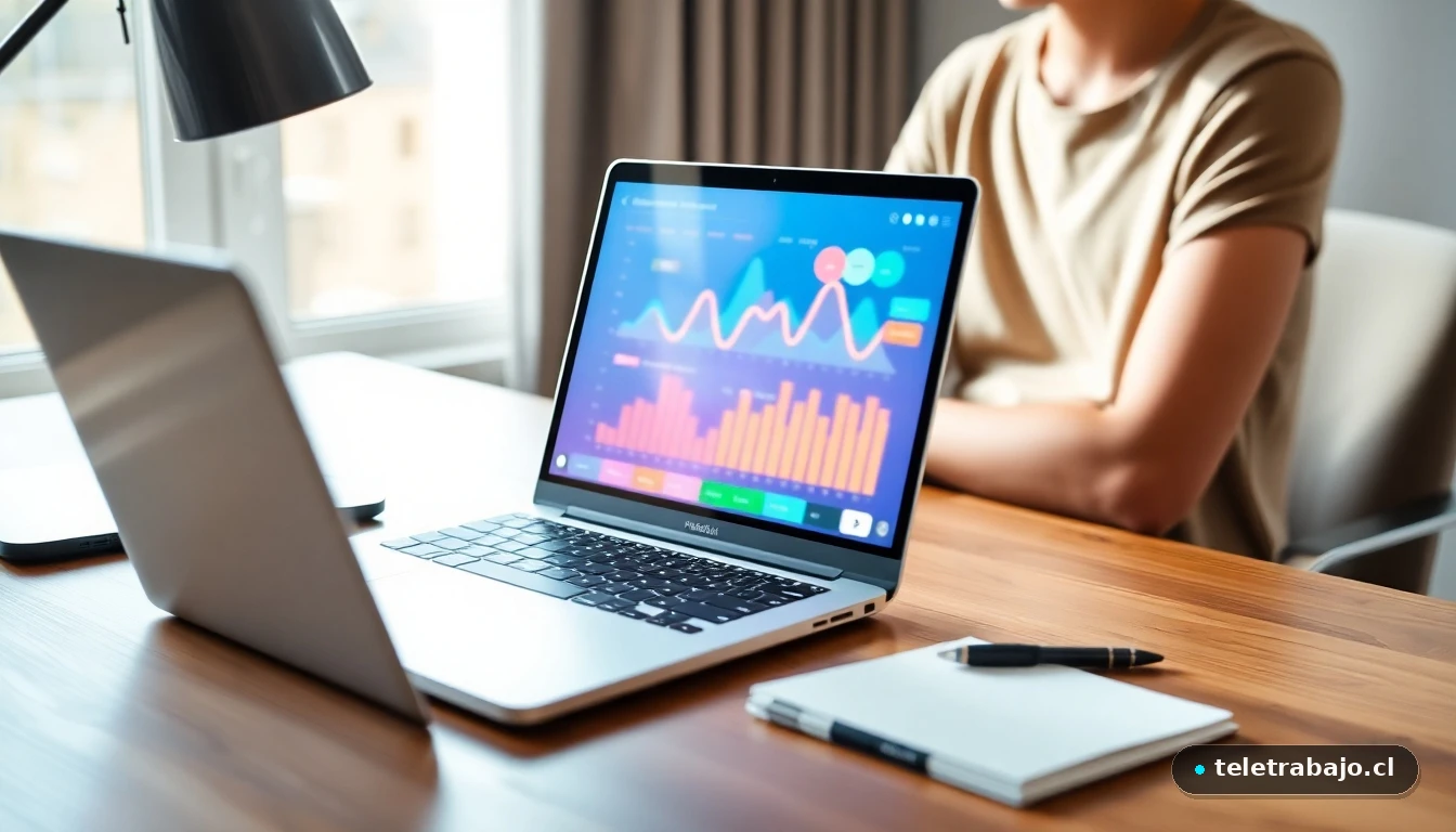 Escritorio moderno con laptop mostrando gráficos abstractos de colores, concepto de preparación para entrevista laboral.