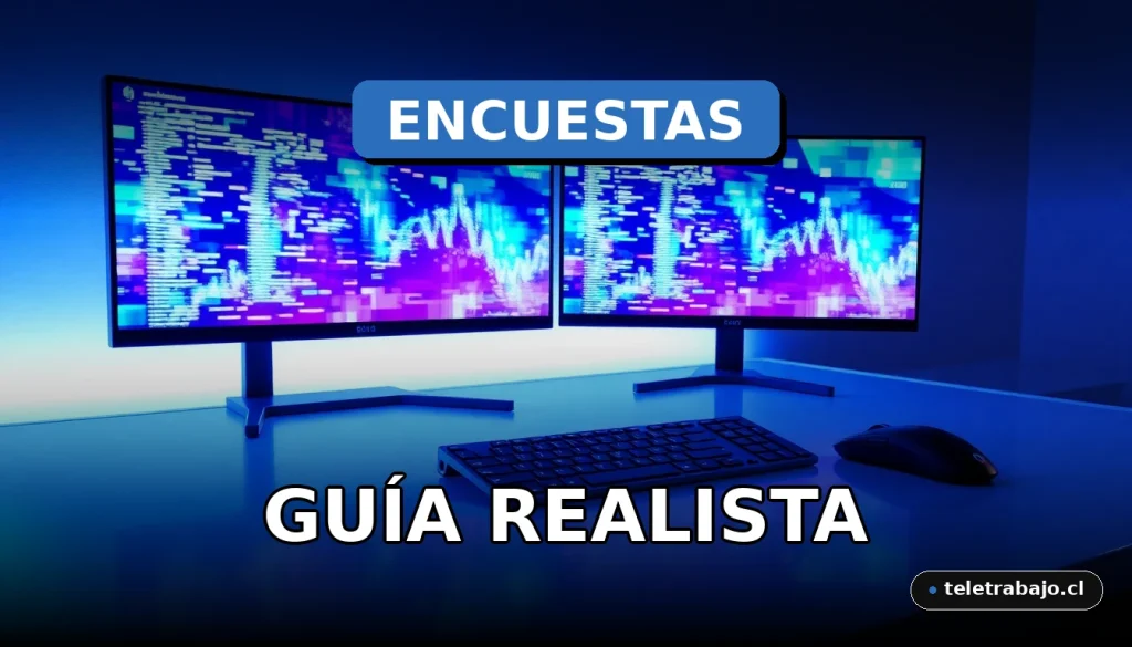 Un escritorio moderno con dos monitores mostrando gráficos abstractos de colores, representando el análisis de datos de encuestas online para ganar dinero en 2026.