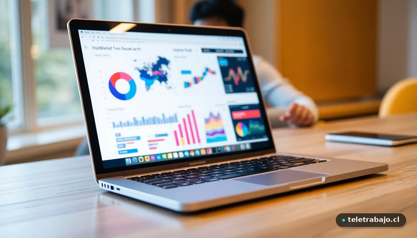 Portátil moderno mostrando gráficos abstractos de datos de investigación de mercado para encuestas remuneradas.