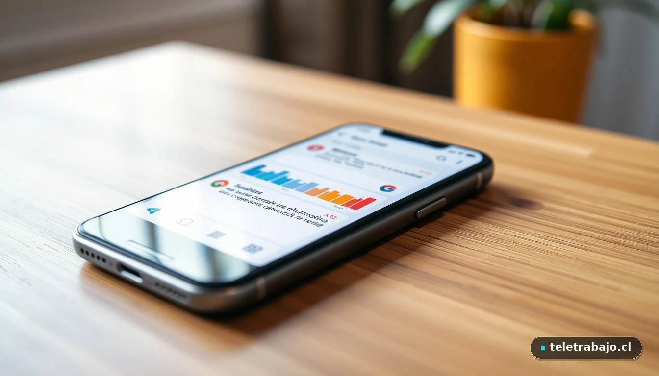 Smartphone mostrando una interfaz abstracta de Telegram con gráficos de colores sobre oportunidades de ingresos.