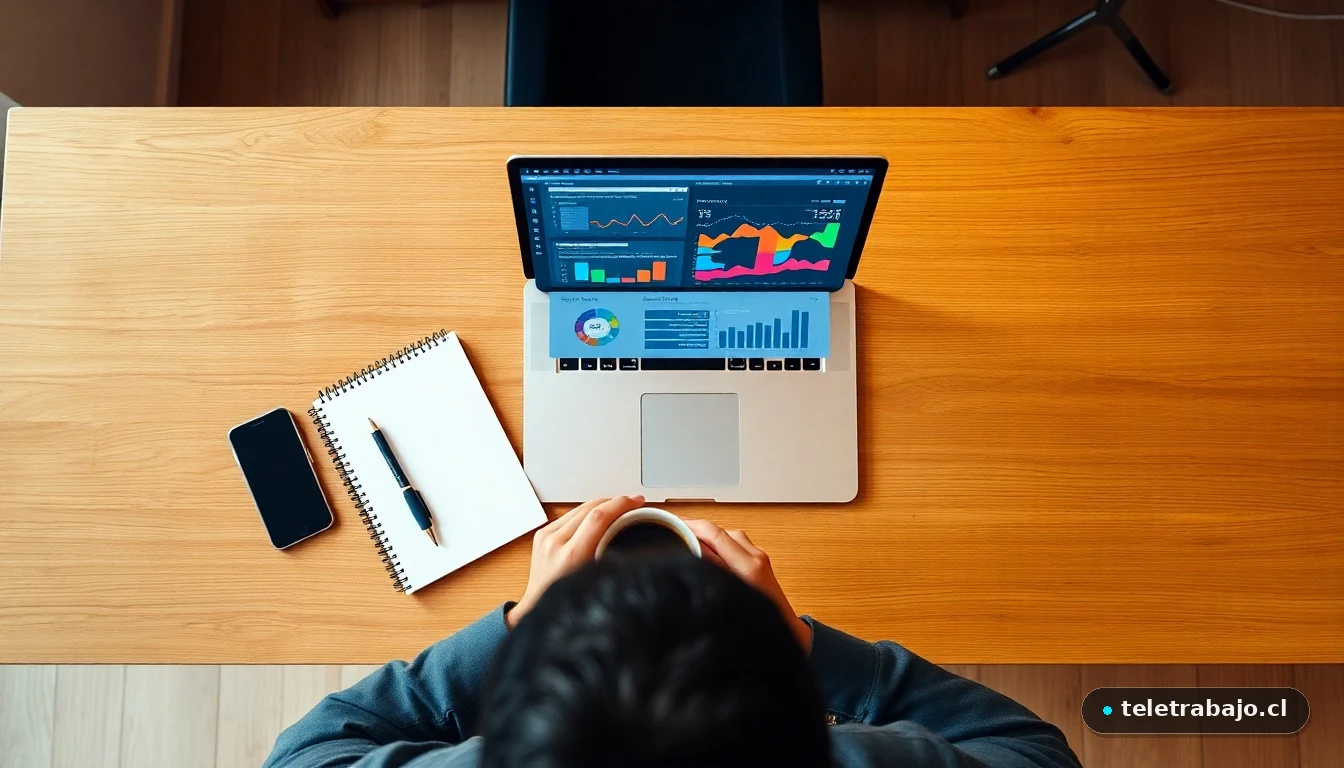 Vista aérea de un escritorio moderno para teletrabajo con laptop mostrando gráficos de datos abstractos