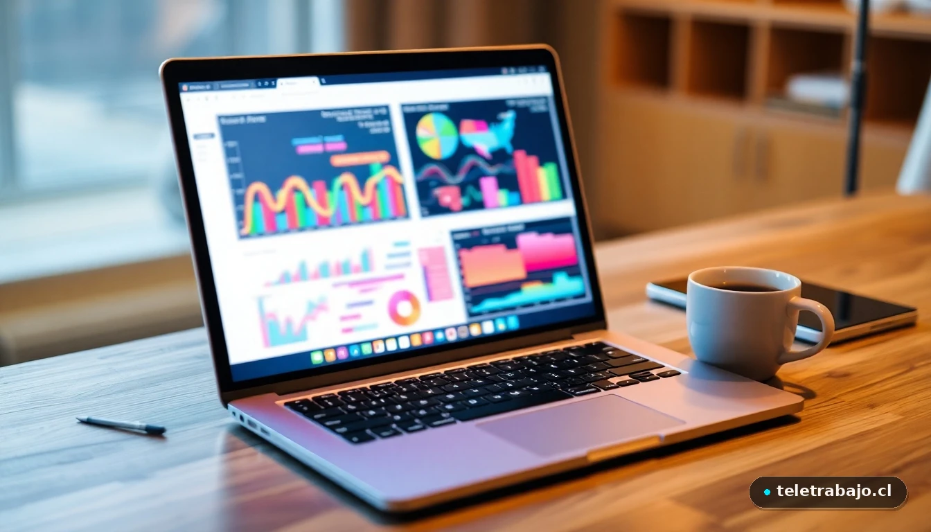 Gráficos abstractos de colores representando el equilibrio entre expectativas y realidad en una pantalla de portátil