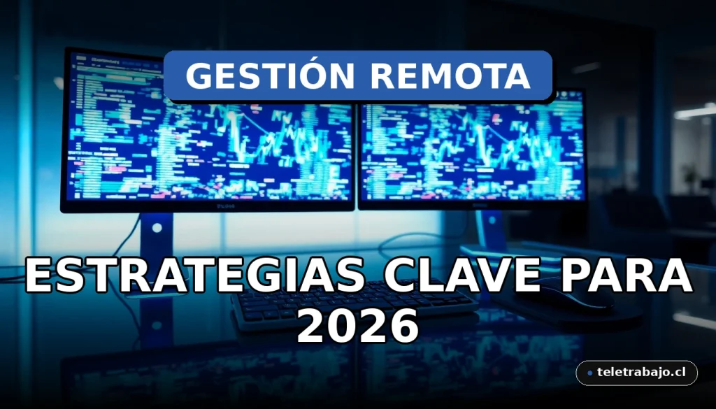 Estrategias de gestión remota de proyectos para equipos distribuidos en 2026, ilustrado con un espacio de trabajo tecnológico y abstracto.