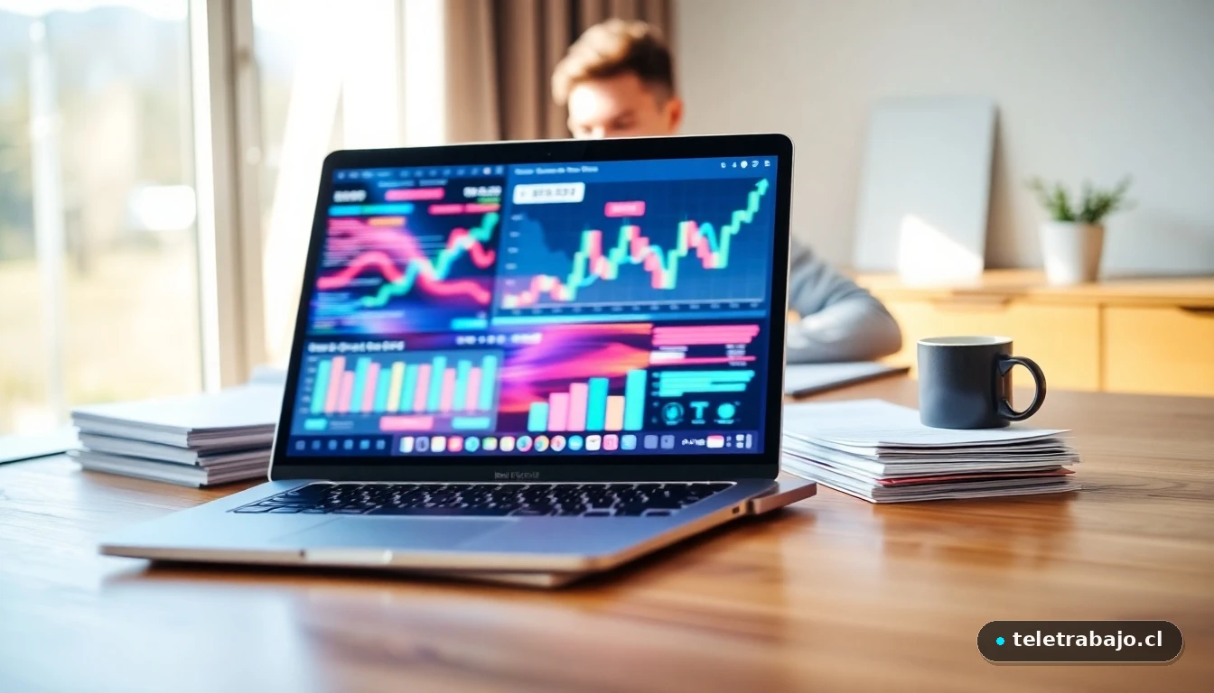 Escritorio moderno de teletrabajo con gráficos financieros abstractos en pantalla y documentación organizada para autónomos.
