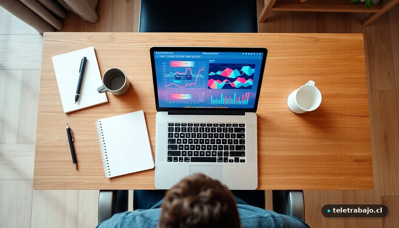 Vista aérea de una estación de trabajo remoto moderna y minimalista con gráficos de datos abstractos en la pantalla.