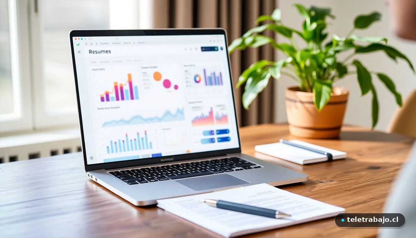 Joven profesional preparándose para una entrevista de trabajo con un portátil mostrando gráficos de datos en su escritorio moderno.