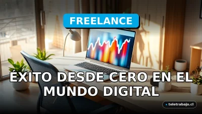 Guía Freelance 2026: Escritorio moderno de home office con portátil y gráficos abstractos, concepto de éxito digital.