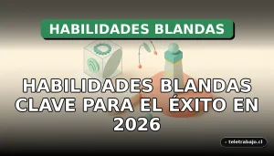 Ilustración isométrica minimalista que representa habilidades blandas clave como comunicación, liderazgo y resolución de problemas en un entorno corporativo abstracto.
