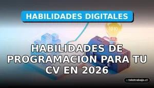 Representación abstracta de habilidades de programación clave para currículums en 2026, con elementos corporativos en estilo isométrico.