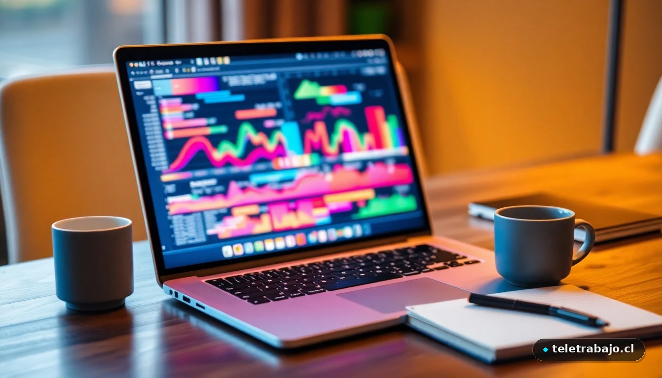 Visualización abstracta de datos de habilidades laborales en una pantalla de portátil sobre una mesa de trabajo moderna.