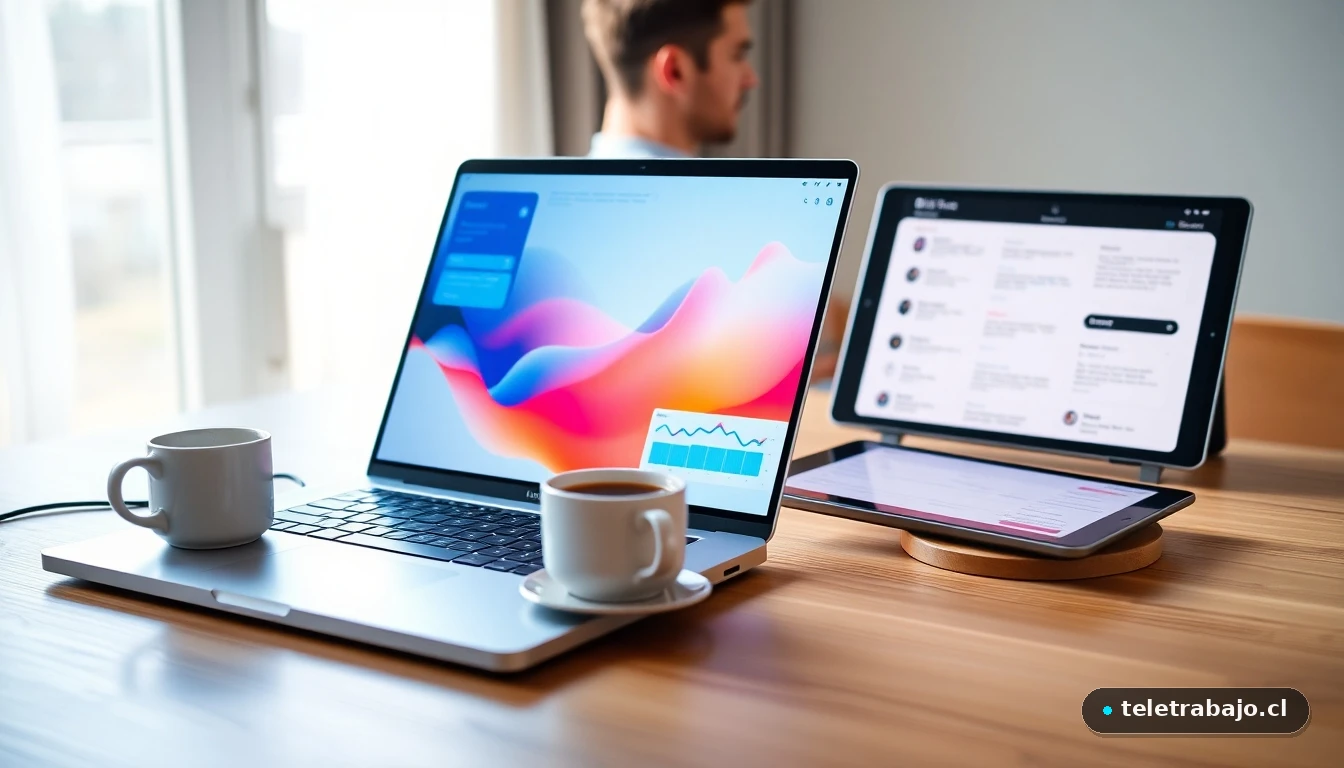 Oficina en casa moderna con laptop mostrando gráficos abstractos y herramientas de organización digital para teletrabajo.