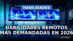 Habilidades digitales más demandadas para el trabajo remoto en 2026, representadas en un entorno de oficina moderna y tecnológica.