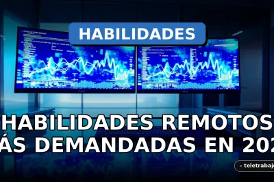 Habilidades digitales más demandadas para el trabajo remoto en 2026, representadas en un entorno de oficina moderna y tecnológica.