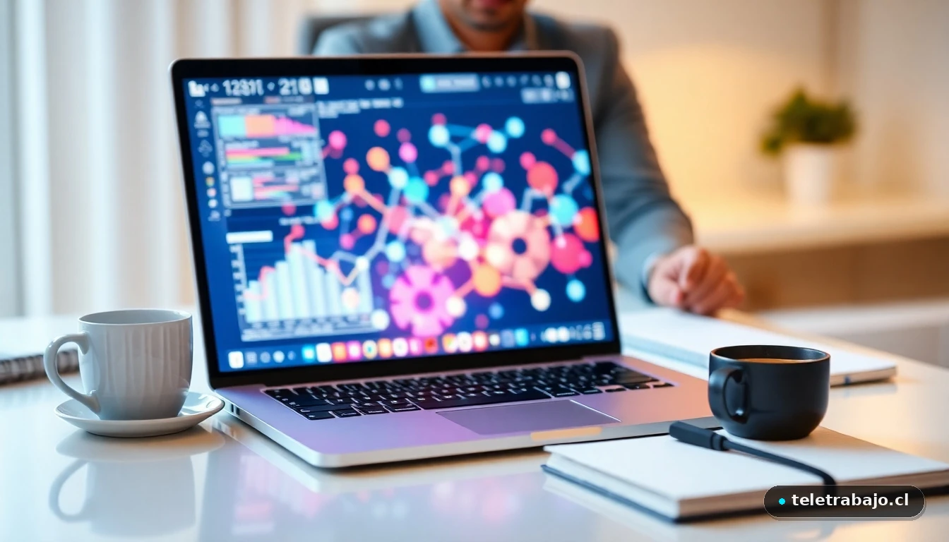 Escritorio moderno de home office con laptop mostrando gráficos de datos abstractos y coloridos para representar habilidades digitales.