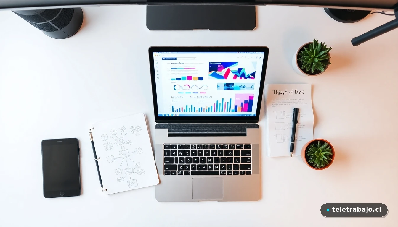 Vista aérea de un escritorio moderno con gráficos abstractos de colores, representando la conexión entre hobbies y desarrollo profesional.