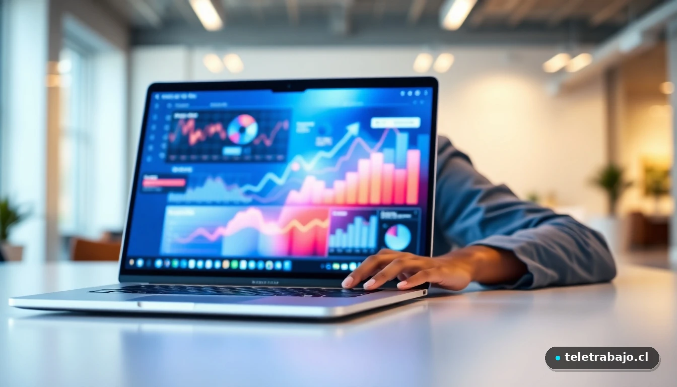 Laptop mostrando gráficos de datos sobre inclusión laboral e IA en una oficina moderna.