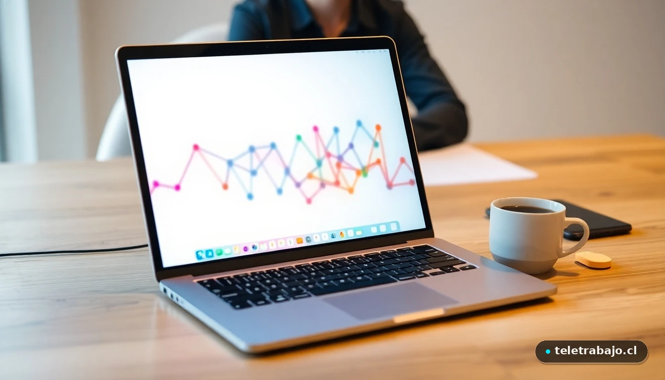 Laptop mostrando un dashboard visual de datos en un escritorio moderno, representando el análisis del futuro del trabajo.