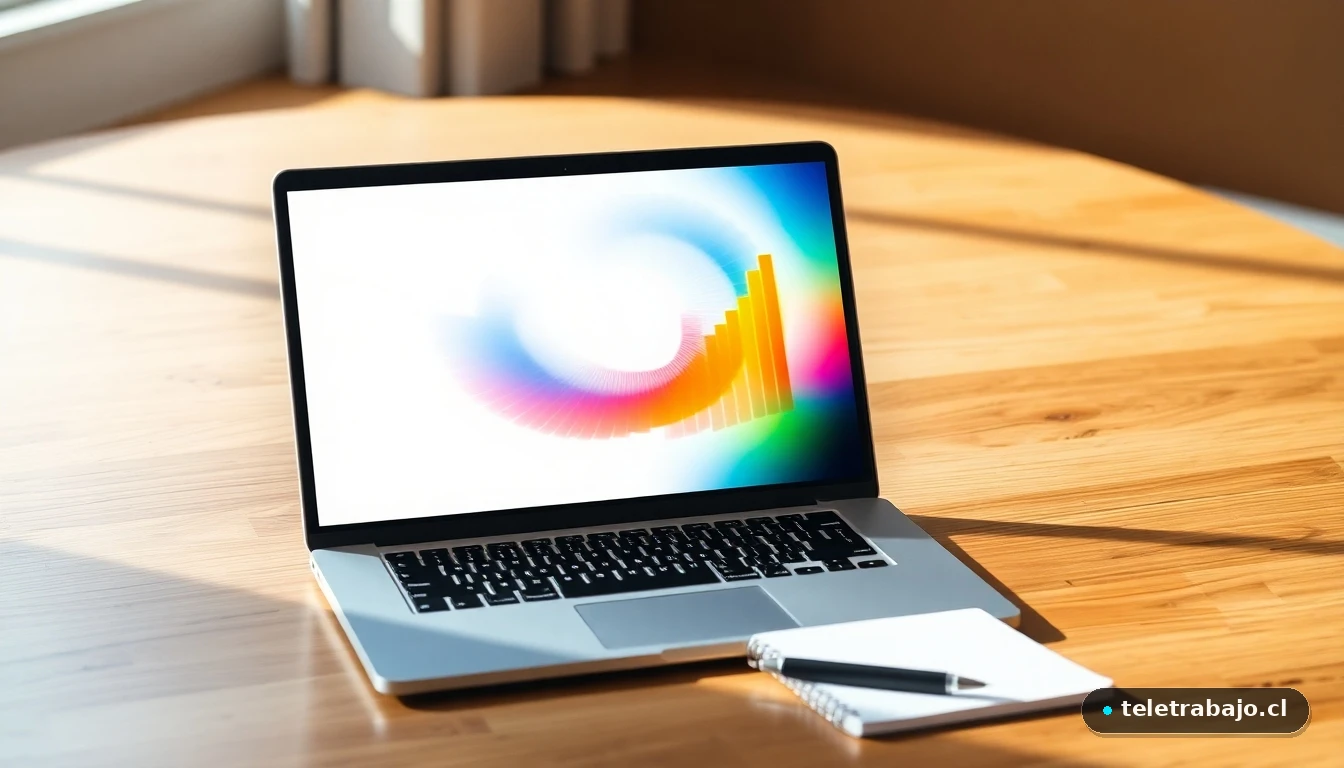 Análisis visual de habilidades profesionales mostrado en un gráfico radial de colores en una laptop