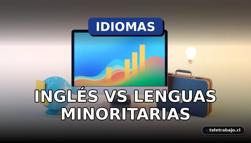 Un escritorio de oficina moderna con dos pantallas mostrando gráficos abstractos de colores, simbolizando la elección entre el inglés y los idiomas minoritarios para el empleo futuro.