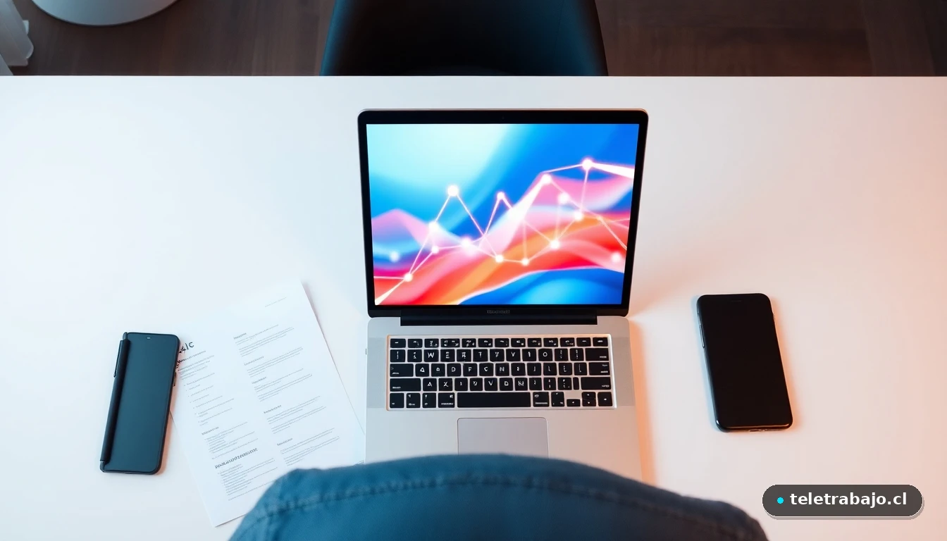 Laptop mostrando gráfico de red profesional junto a un currículum impreso con el enlace a LinkedIn resaltado.