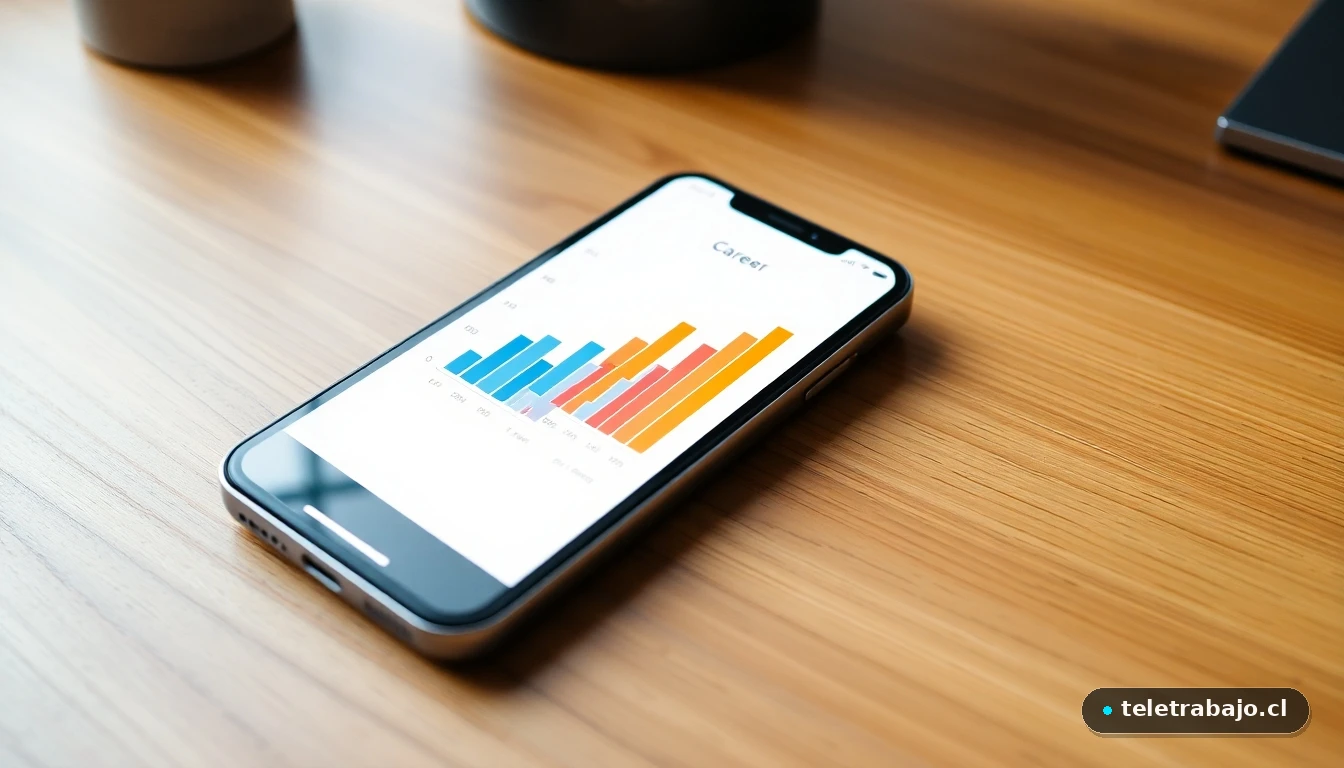 Smartphone mostrando un gráfico abstracto de la trayectoria profesional del informe de vida laboral.