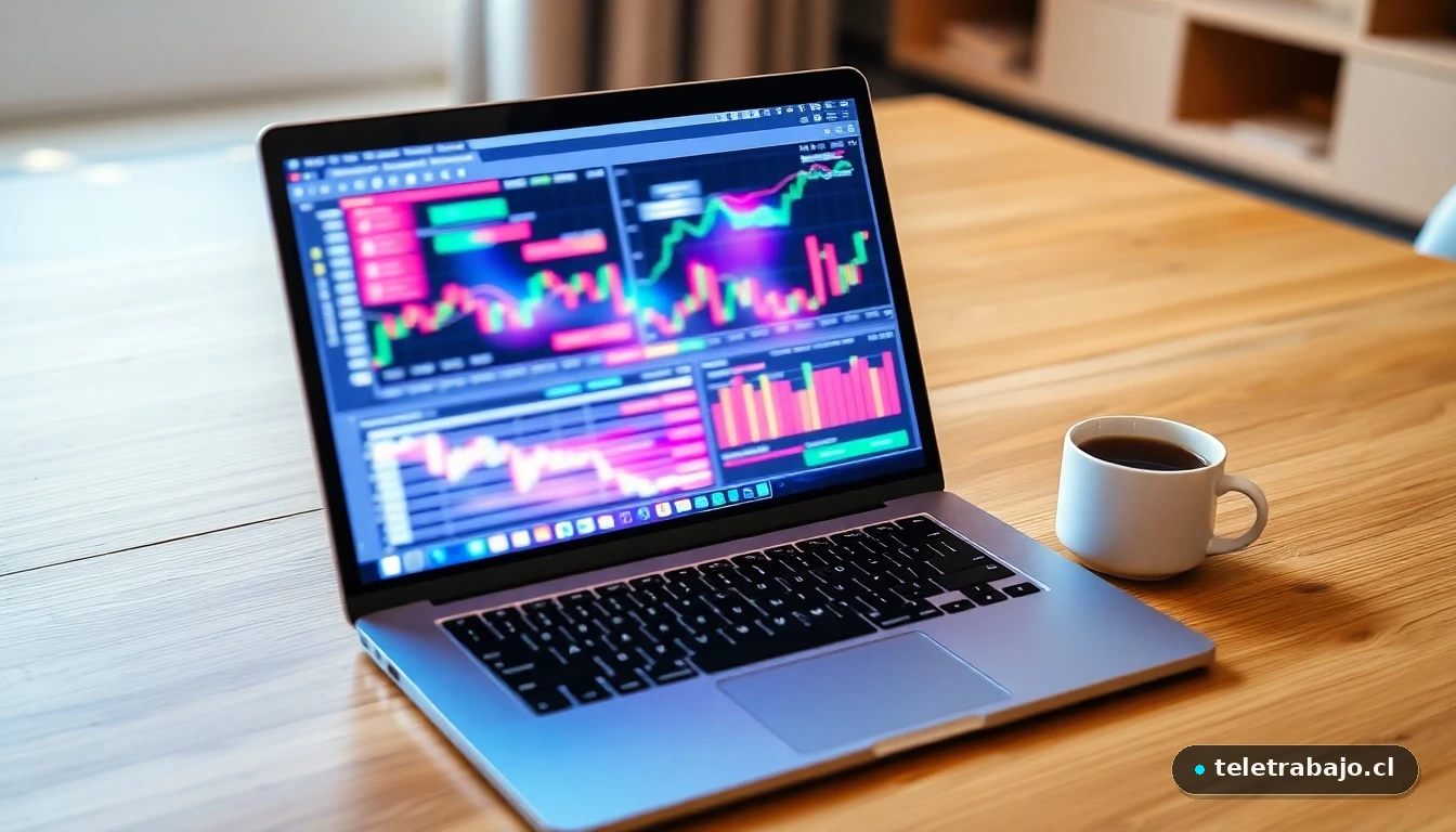 Laptop mostrando gráficos financieros abstractos en un escritorio moderno, concepto de ingresos pasivos digitales.