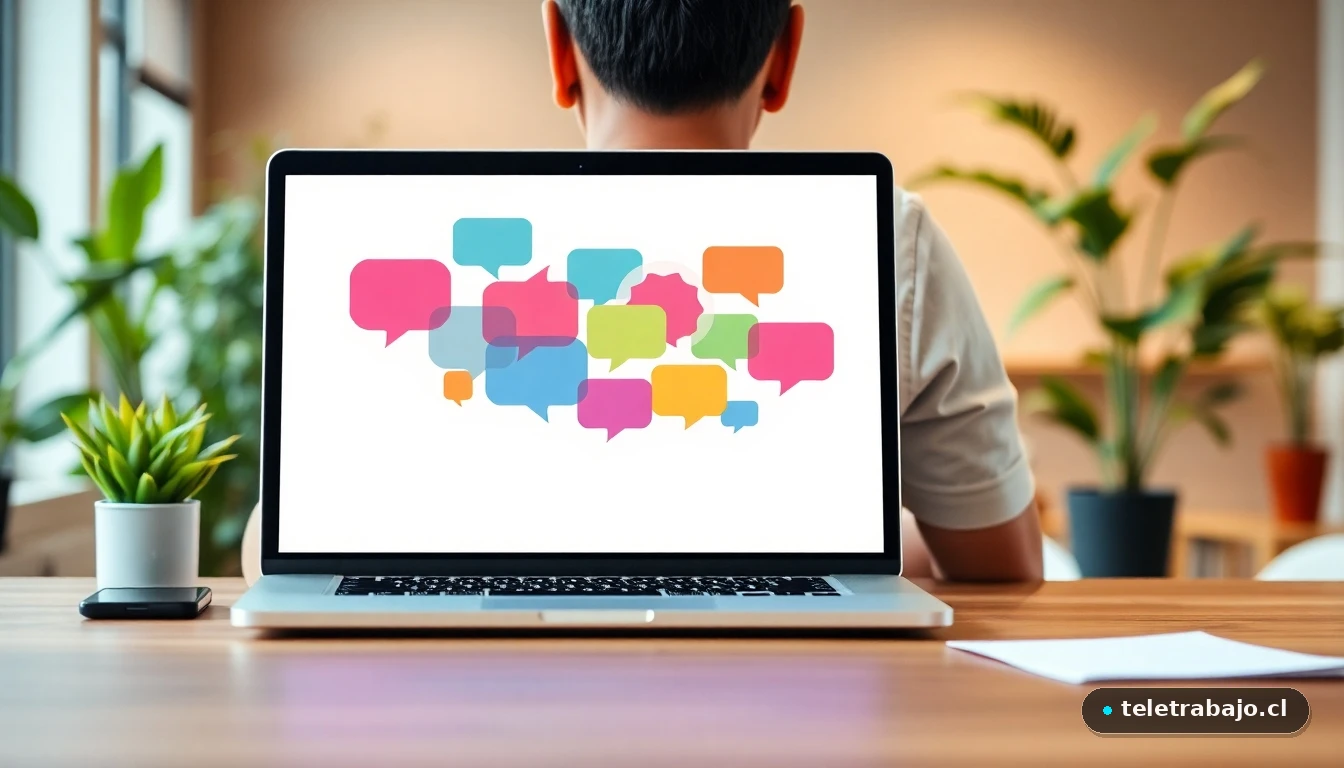 Aplicación de intercambio de idiomas mostrando una interfaz moderna con gráficos de conexión entre usuarios en un portátil