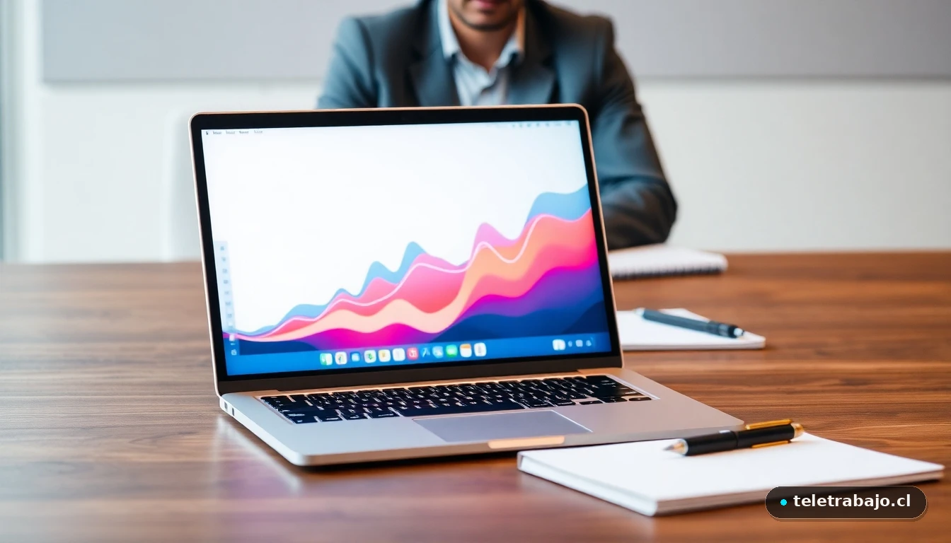 Gráfico abstracto de tendencias laborales en portátil sobre escritorio moderno, representando el crecimiento profesional.