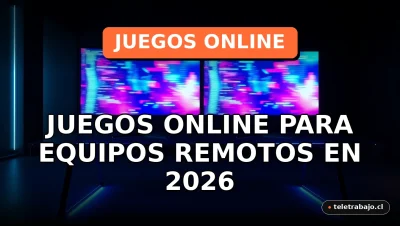 Juegos online para equipos remotos en 2026 en una oficina futurista con pantallas que muestran gráficos abstractos.