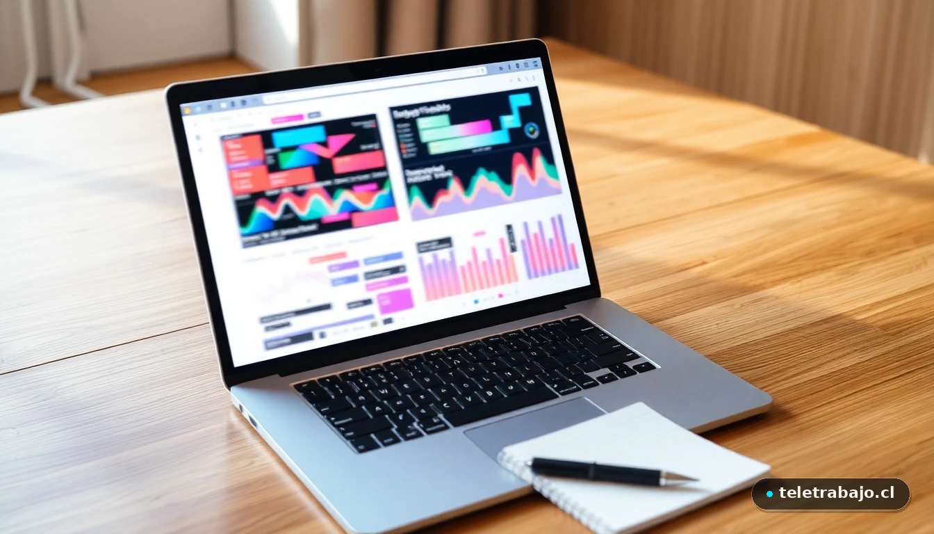 Portátil mostrando gráficos de colores en un escritorio moderno, representando la planificación de la carrera profesional.