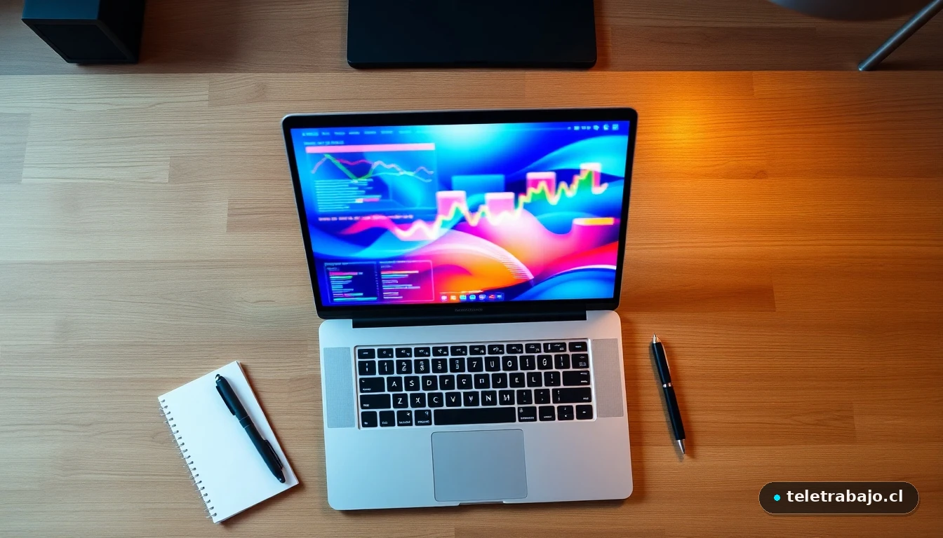 Dashboard moderno con gráficos abstractos de colores mostrando el análisis de KPIs en un portátil sobre una mesa de trabajo.